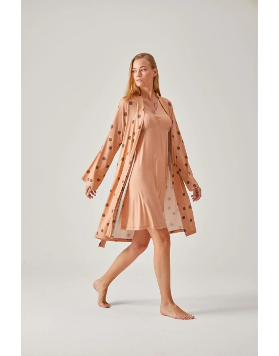 Somon Puantiye Desenli Viskon Kadın Sabahlık