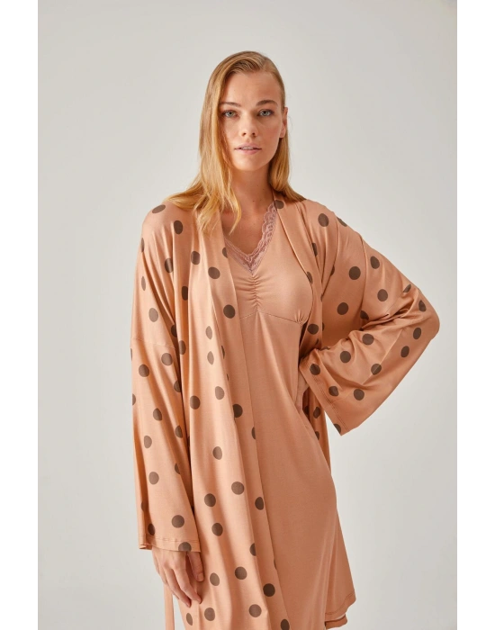 Somon Puantiye Desenli Viskon Kadın Sabahlık