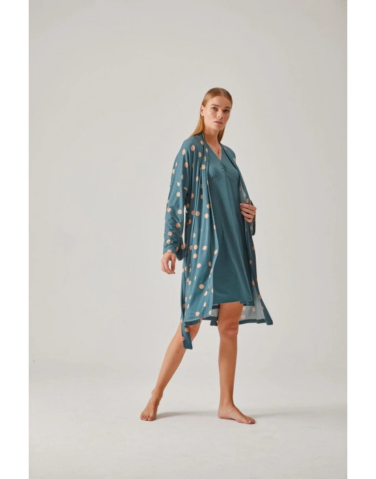 Yeşil Puantiye Desenli Dantelli Viskon Kadın Sabahlık