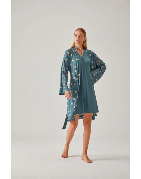 Yeşil Puantiye Desenli Dantelli Viskon Kadın Sabahlık
