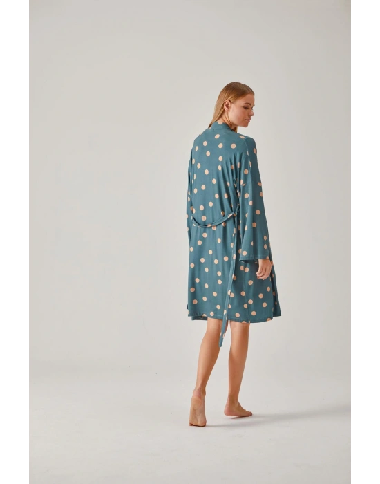 Yeşil Puantiye Desenli Dantelli Viskon Kadın Sabahlık