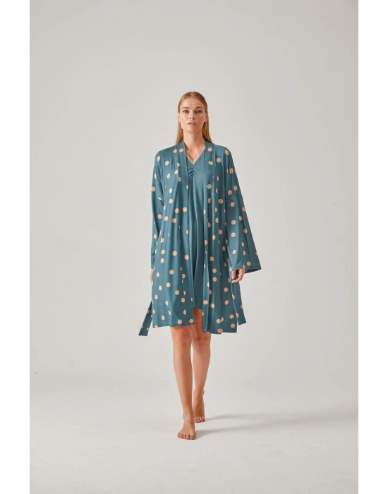 Yeşil Puantiye Desenli Dantelli Viskon Kadın Sabahlık