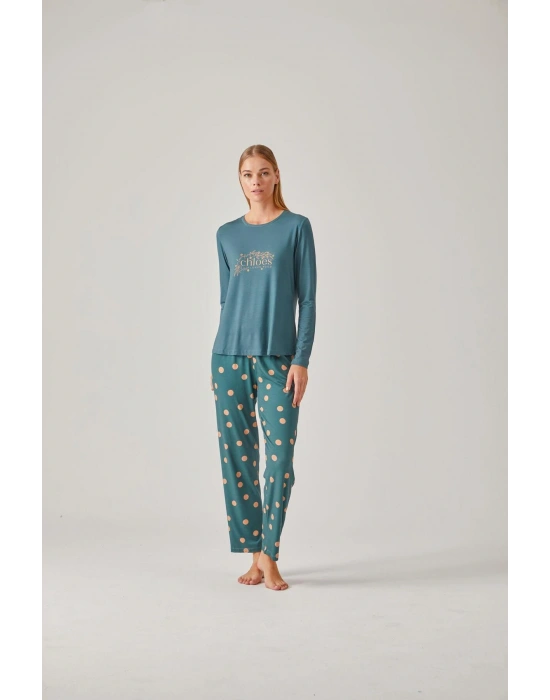 Yeşil Baskılı Tişört Puantiye Pantolon Viskon Kadın Pijama Takımı