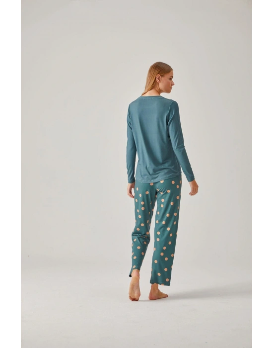 Yeşil Baskılı Tişört Puantiye Pantolon Viskon Kadın Pijama Takımı
