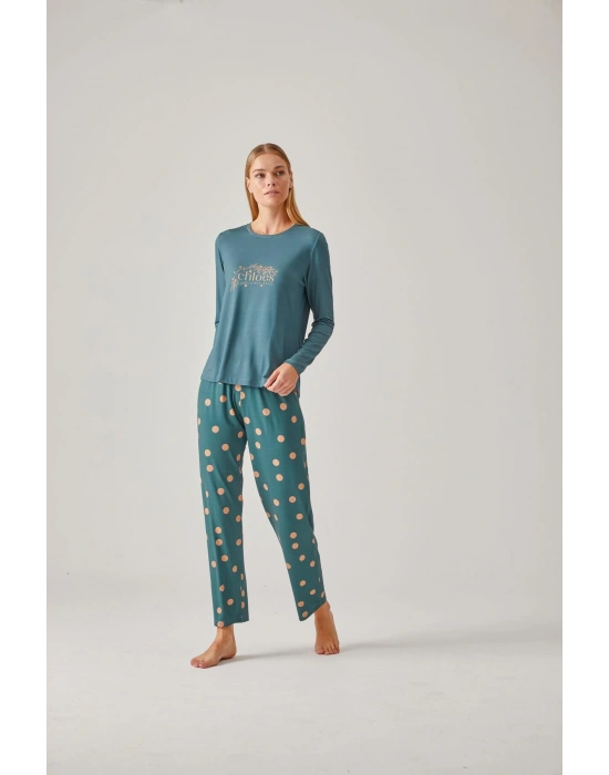Yeşil Baskılı Tişört Puantiye Pantolon Viskon Kadın Pijama Takımı