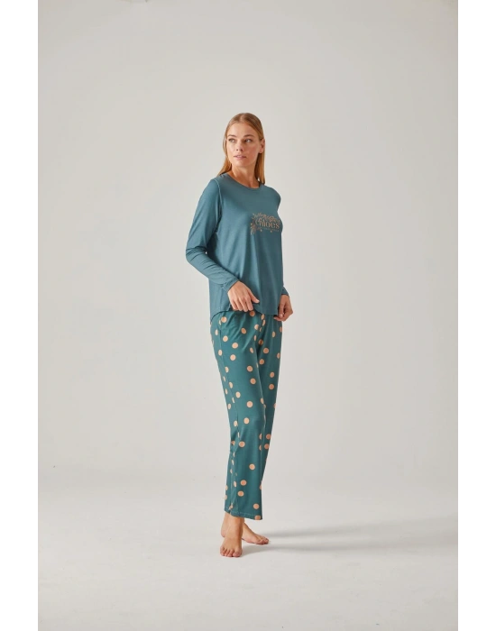 Yeşil Baskılı Tişört Puantiye Pantolon Viskon Kadın Pijama Takımı