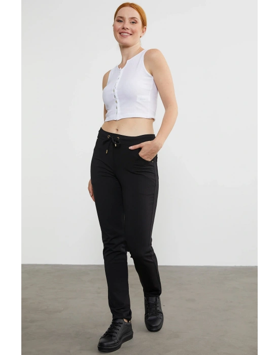 Cepli Düz Paça Eşofman Altı - Siyah