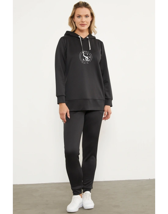 Dalgıç Kumaş Kapüşonlu Tunik Eşofman Takım - Siyah