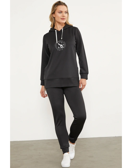 Dalgıç Kumaş Kapüşonlu Tunik Eşofman Takım - Siyah