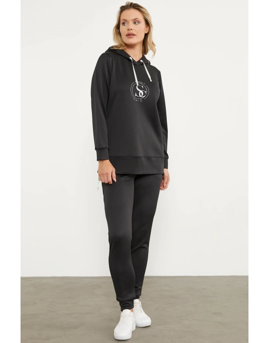 Dalgıç Kumaş Kapüşonlu Tunik Eşofman Takım - Siyah