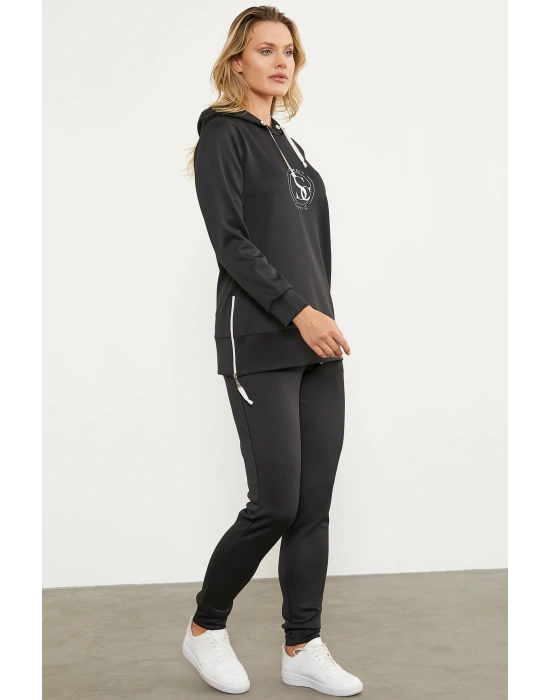 Dalgıç Kumaş Kapüşonlu Tunik Eşofman Takım - Siyah