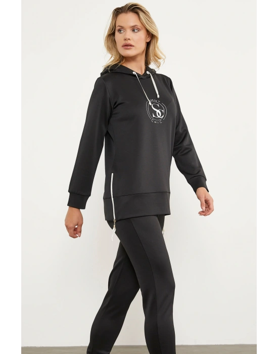 Dalgıç Kumaş Kapüşonlu Tunik Eşofman Takım - Siyah