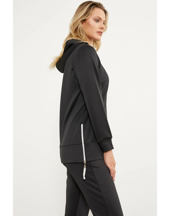 Dalgıç Kumaş Kapüşonlu Tunik Eşofman Takım - Siyah