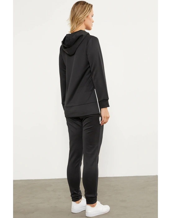 Dalgıç Kumaş Kapüşonlu Tunik Eşofman Takım - Siyah