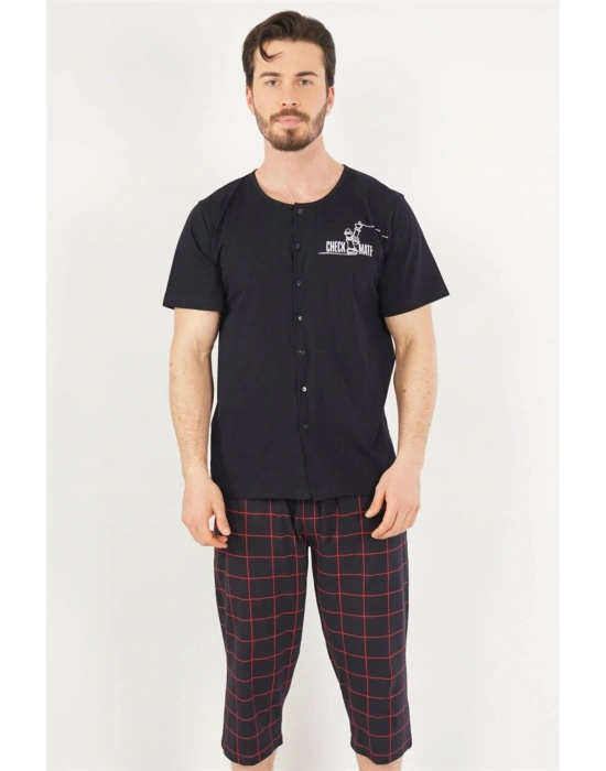 Pamuklu Erkek Tamamı Düğmeli Kısa Kol Kaprili Pijama Takım