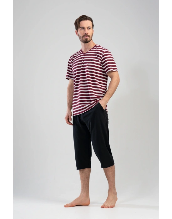 Erkek V Yaka Kısa Kol Kaprili Pijama Takım, 111175