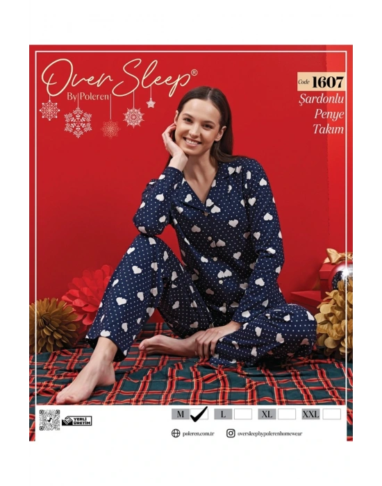 OVER SLEEP 1607  POLEREN LACIVERT ŞARDONLU PİJAMA TAKIMI