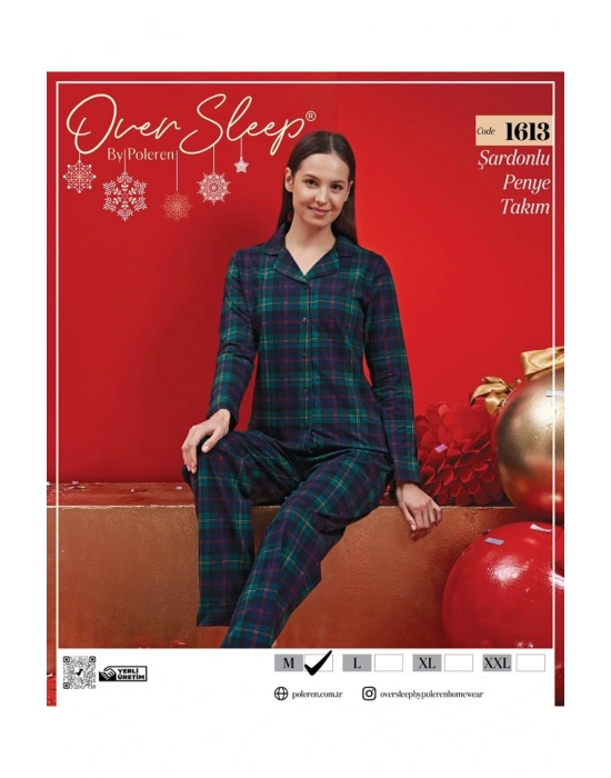 OVER SLEEP 1613  POLEREN LACIVERT ŞARDONLU PİJAMA TAKIMI