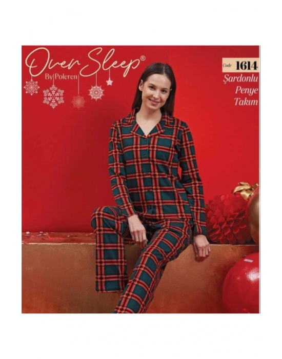 OVER SLEEP 1614  POLEREN YEŞİL ŞARDONLU PİJAMA TAKIMI