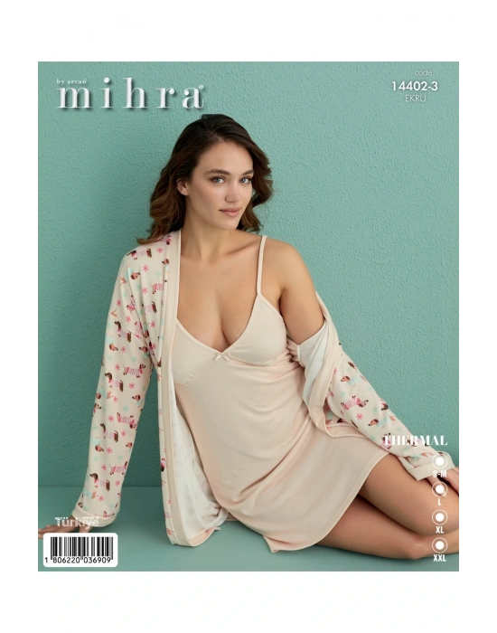 14402-3 Ekru Sevimli Köpek Termal Gecelik Sabahlık Takım