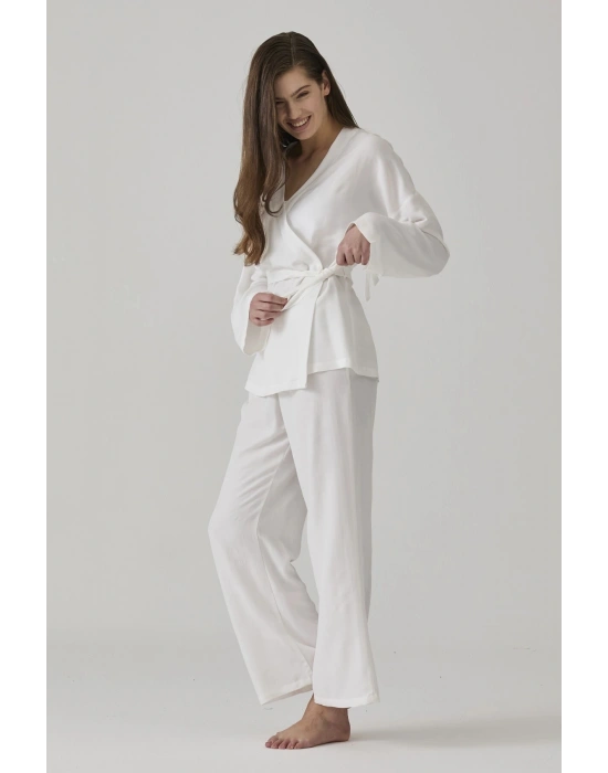KADIN EKRU JAKARLI KİMONO YAKA PİJAMA TAKIMI
