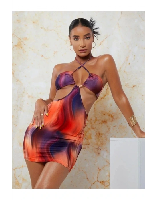 KADIN TURUNCU FANTAZİ MİNİ ELBİSE-8483