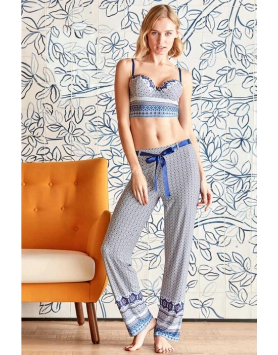 Kadın Mavi Yarım Dolgulu Pamuklu Büstiyer Pantolon Takım 4149