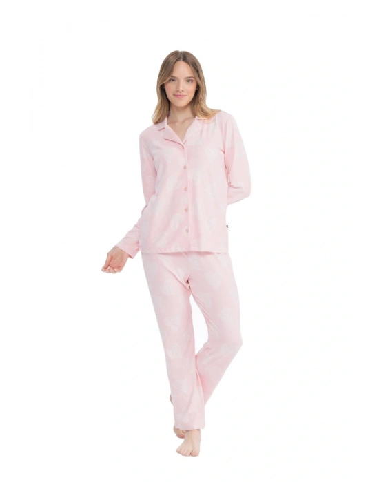 U.S. Polo Assn. 17109 Kadın Pembe Uzun Kollu Boydan Patlı Pijama Takım