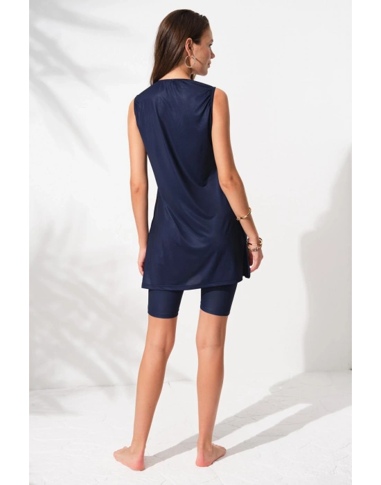 231903 Lacivert Desenli Kolsuz Tesettür Mayo Takım