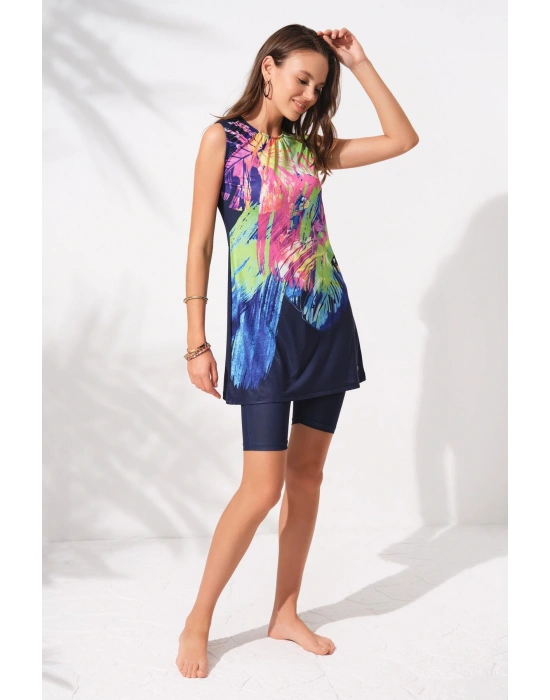 231903 Lacivert Desenli Kolsuz Tesettür Mayo Takım