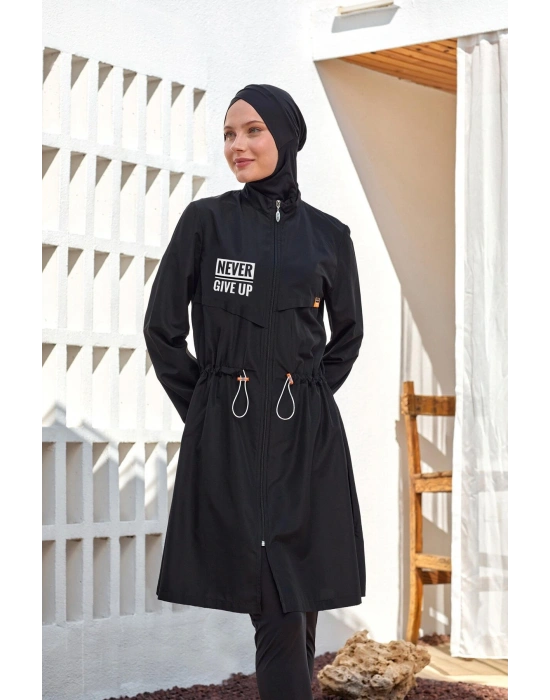 Ever Uzun Kollu Neon Detaylı Fermuarlı Tam Tesettür Mayo 1402-25 Siyah