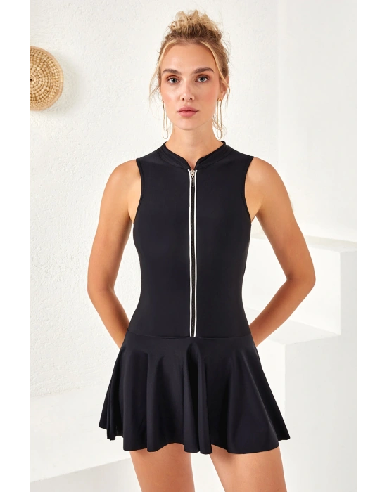 UV Korumalı Önü Fermuarlı Etekli Yüzücü Mayo Elbise Mayo 4160 Siyah