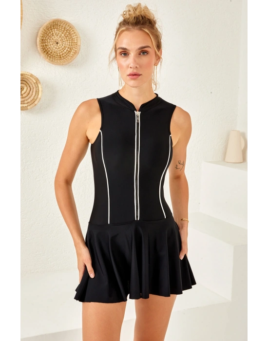 UV Korumalı Önü Fermuarlı Etekli Yüzücü Mayo Elbise Mayo 4160 Siyah