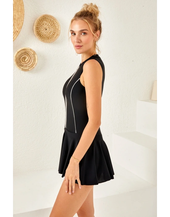 UV Korumalı Önü Fermuarlı Etekli Yüzücü Mayo Elbise Mayo 4160 Siyah