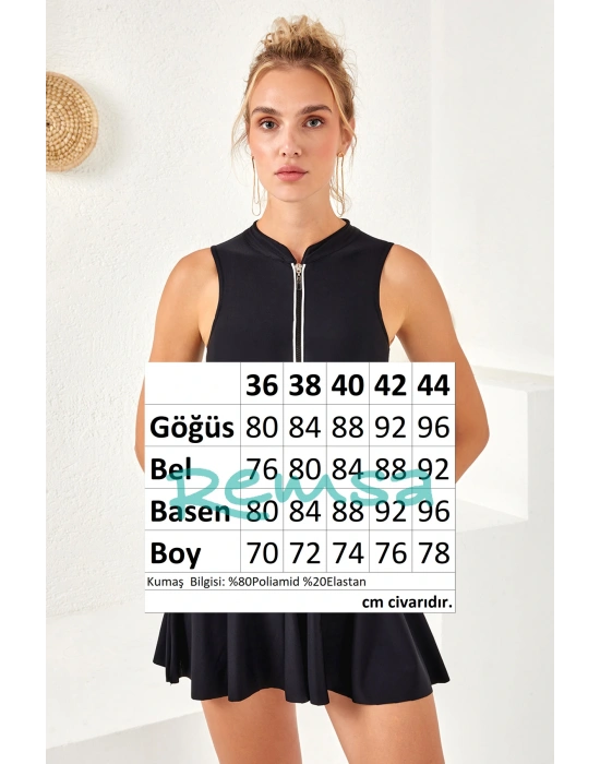 UV Korumalı Önü Fermuarlı Etekli Yüzücü Mayo Elbise Mayo 4160 Siyah