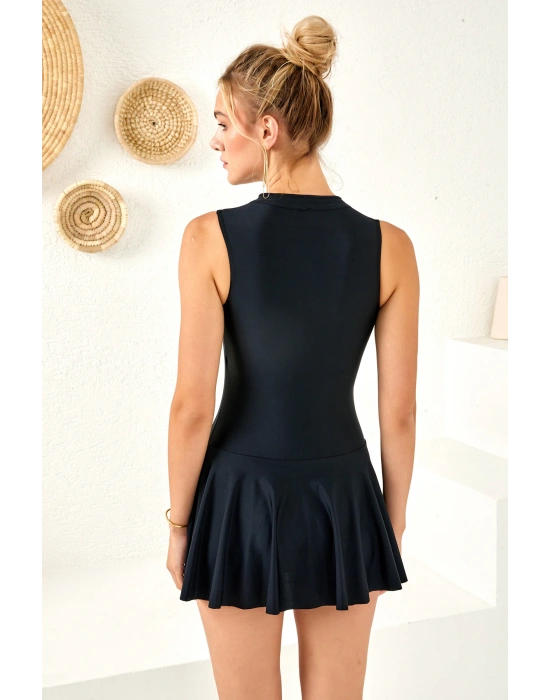 UV Korumalı Önü Fermuarlı Etekli Yüzücü Mayo Elbise Mayo 4160 Siyah