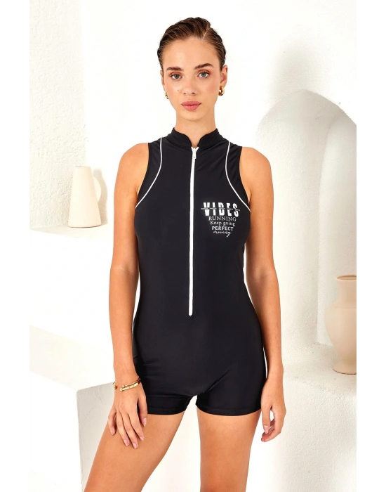 Sıfır Kol Şortlu Fermuarlı Sörfçü Mayo Yüzücü Mayo 4161 Siyah