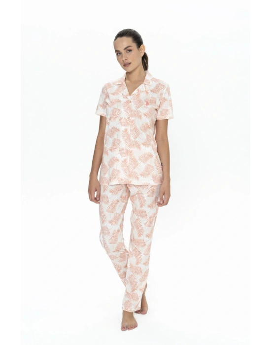 U.S. Polo Assn. 20087 Kadın Somon Kısa Kollu Boydan Patlı Pijama Takımı