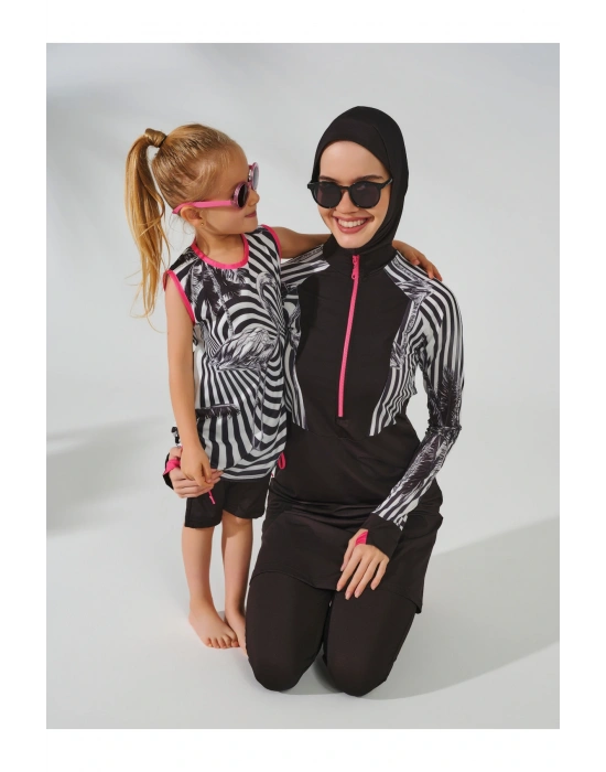 Flamingo Desenli Yanları Büzgülü Sıfır Kol Şort Taytlı Çocuk Mayo 24103-25 Siyah