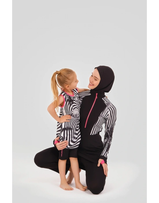 Flamingo Desenli Yanları Büzgülü Sıfır Kol Şort Taytlı Çocuk Mayo 24103-25 Siyah