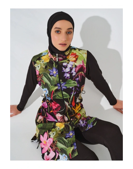 Doğa Desenli Tesettür Mayo - Siyah -