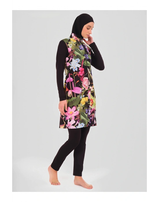 Doğa Desenli Tesettür Mayo - Siyah -