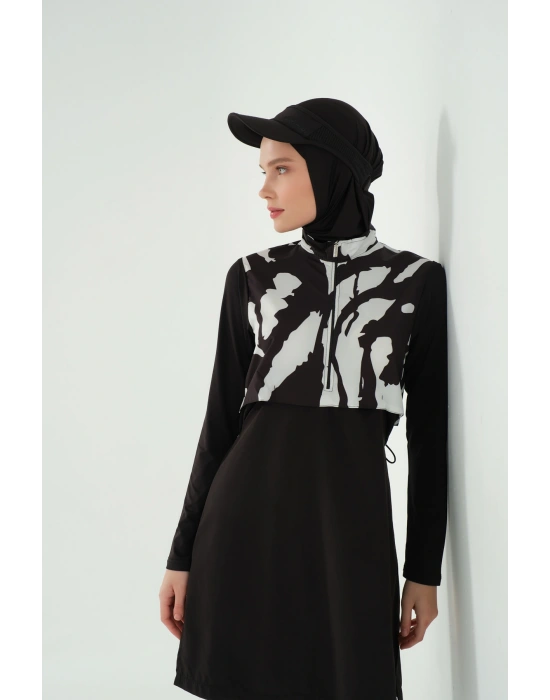 Crop Görünümlü Fermuarlı Tam Kapalı Tesettür Mayo 25343-25 Siyah