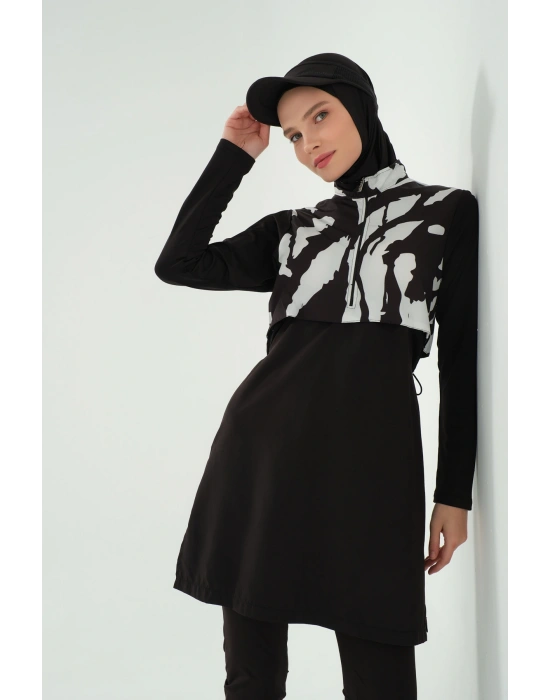 Crop Görünümlü Fermuarlı Tam Kapalı Tesettür Mayo 25343-25 Siyah