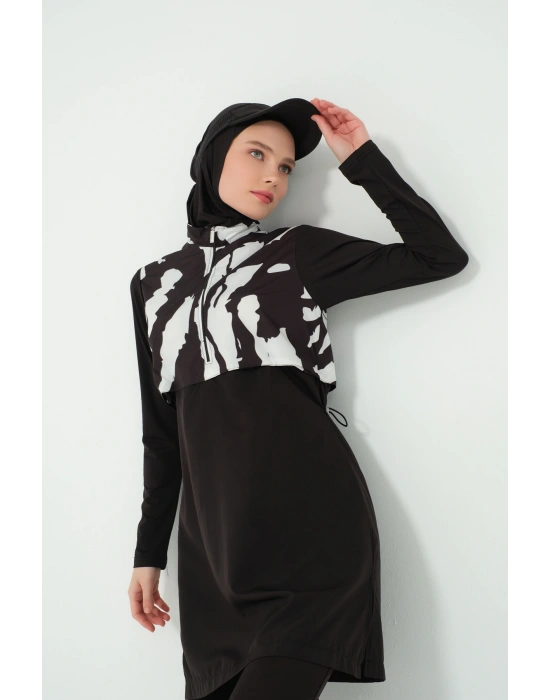Crop Görünümlü Fermuarlı Tam Kapalı Tesettür Mayo 25343-25 Siyah