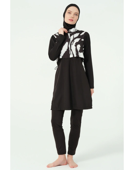 Crop Görünümlü Fermuarlı Tam Kapalı Tesettür Mayo 25343-25 Siyah