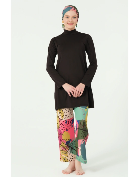 Florin Desenli Bol Paça Pantolonlu Tam Tesettür Mayo Siyah - 25638-25