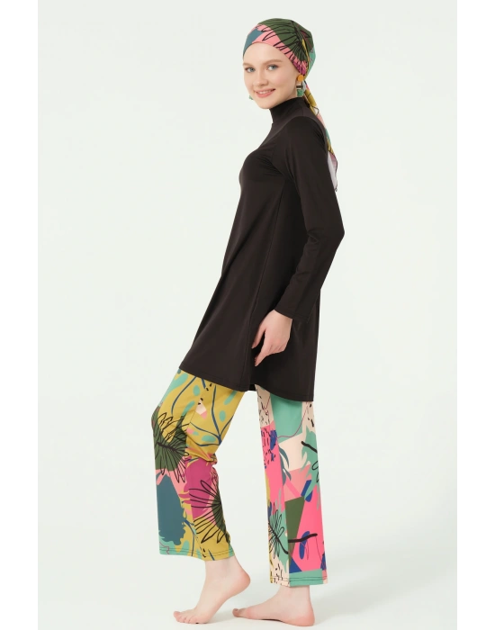 Florin Desenli Bol Paça Pantolonlu Tam Tesettür Mayo Siyah - 25638-25