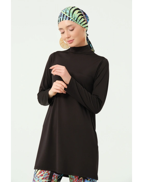 Florin Desenli Bol Paça Pantolonlu Tam Tesettür Mayo Siyah - 25638-25