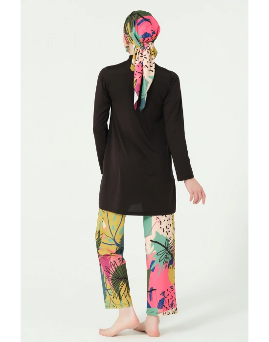 Florin Desenli Bol Paça Pantolonlu Tam Tesettür Mayo Siyah - 25638-25